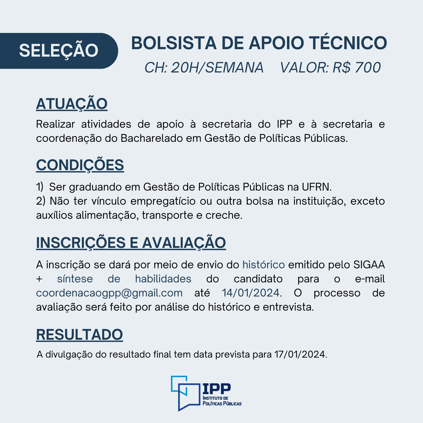 IPP Seleciona Bolsista De Apoio técnico
